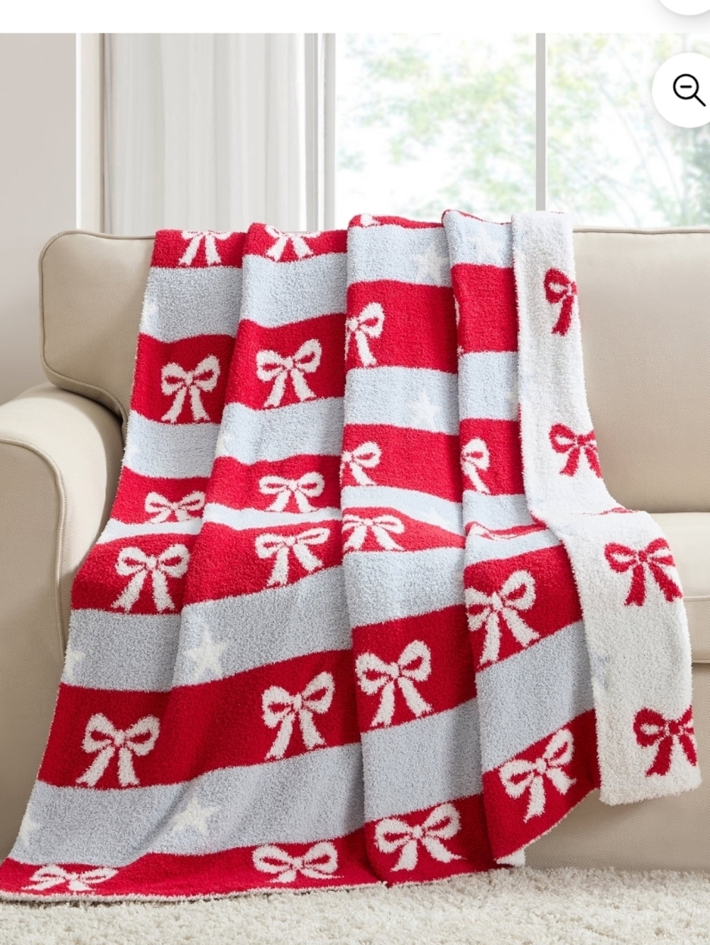Festive Bow Stripe Holiday Throw Blanket in Red and Light Gray